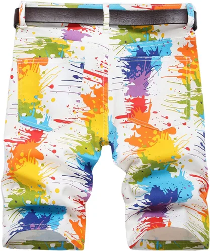 Vista 2 de Baylvn Pantalones cortos de mezclilla con estampado rasgados casuales para hombre, pantalones cortos ajustados para verano y playa