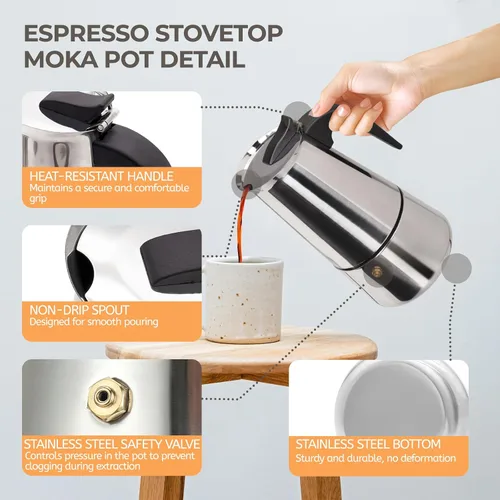 Vista 4 de Olla de Moka de 2 Tazas 100ml, Cafetera de Espresso de Acero Inoxidable, Cafetera de Percolador para Estufa, Cafetera Italiana de Estilo Clásico