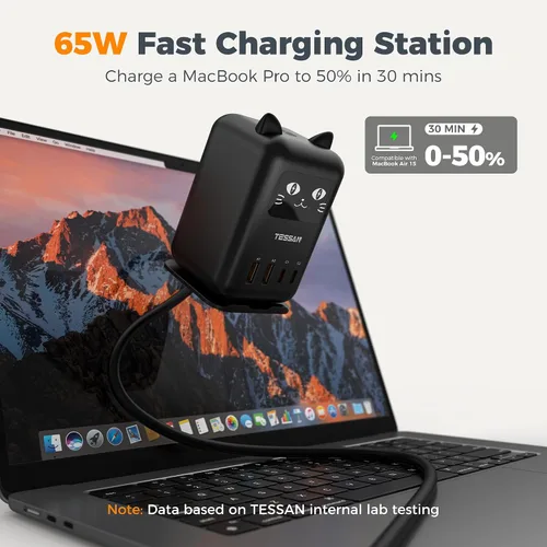 Vista 4 de Bloque de cargador USB C PD 65W, estación de carga TESSAN para múltiples Cargador de torre de escritorio con 4 puertos USB para iPhone 17/16/15 Negro