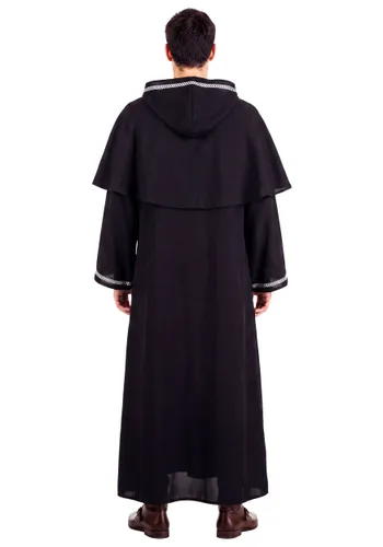 Vista 2 de Disfraz de adulto de hechicero medieval, túnica con capucha de terciopelo negro Multicolor