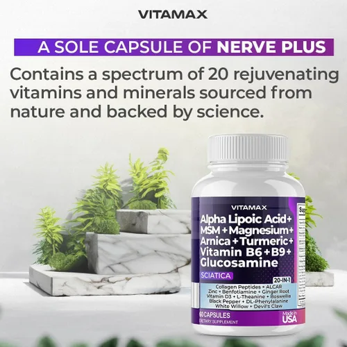 Vista 8 de Apoyo para la salud del nervio ciático - Suplemento para el nervio ciático en cápsulas con ácido fólico, guisante, glucosamina, MSM, complejo