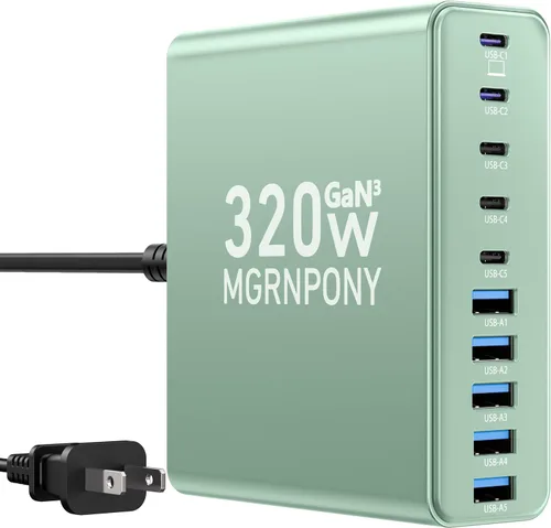 Vista 11 de Bloque de Cargador USB C de 320W, Estación de Carga de 10 Puertos USB C GaN III PD 65W Adaptador de Carga Rápida para Laptop para MacBook Pro/Air