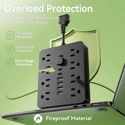 Vista 5 de Regleta de alimentación con protector de sobretensiones - Chiefway Enchufe de pared con múltiples tomas y 8 salidas de CA, 6 puertos USB (2 USB C)