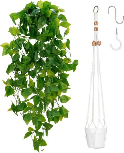 Vista 13 de BLEUM CADE Plantas colgantes falsas, 2pcs plantas colgantes artificiales en maceta, enredaderas de mandala falsas, plantas colgantes vegetación