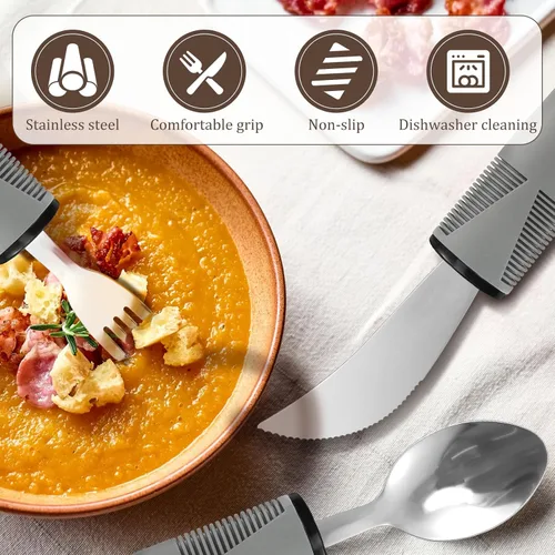 Vista 3 de Juego de utensilios adaptativos, agarre débil y ayudas para discapacitados y Parkinson, suministros especiales pesados, utensilios de Parkinson