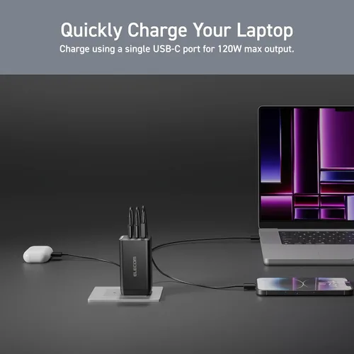 Vista 3 de ELECOM Bloque de cargador de pared USB C de 120W, multipuerto de 3 puertos GaN II Smart PD, carga ultrarrápida, adaptador de corriente compacto