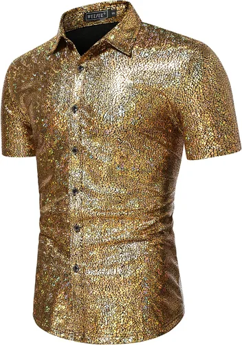 Vista 2 de WULFUL Camisa de discoteca para hombre con lentejuelas de manga corta con botones, camisas de vestir para fiesta de los años 70