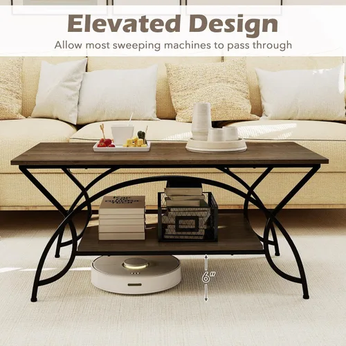 Vista 6 de GOFLAME Mesa auxiliar industrial, mesa central rectangular de 2 niveles con estante de almacenamiento, mesa decorativa con marco de metal arqueado