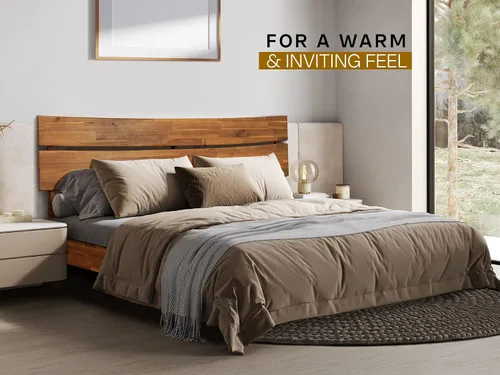 Vista 9 de Acacia Aurora - Marco de cama con cabecero, cama de plataforma de madera 100% maciza, estilo de cama escandinavo con todos los colchones Caramelo
