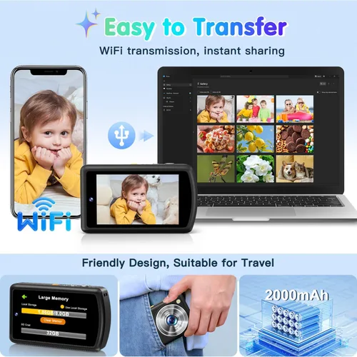 Vista 14 de Cámara digital AI, cámaras WiFi para fotografía con reconocimiento de objetos, cámara digital compacta de apuntar y disparar con doble lente, flash