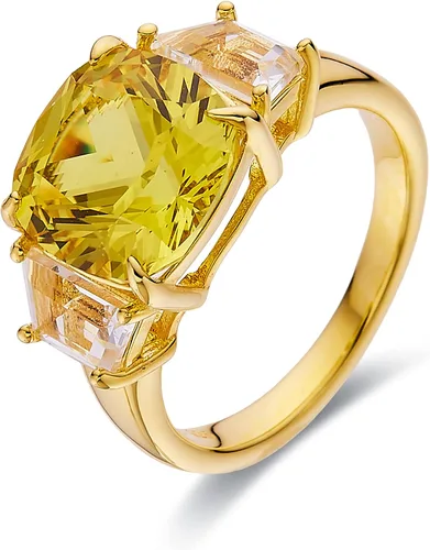 Vista 2 de Fine Color Jewels Anillo llamativo de zafiro amarillo canario cultivado en laboratorio en plata chapada en oro amarillo de 18 quilates