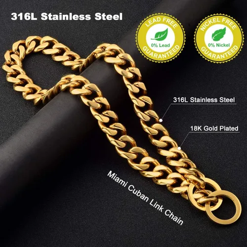 Vista 3 de Collar de cadena para perro, collar de acero inoxidable chapado en oro de 14 quilates, resistente, a prueba de mordidas, 0.748 in, 16 pulgadas