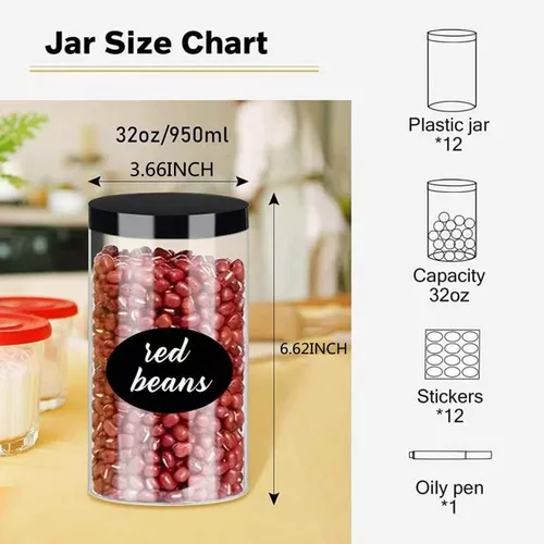 Vista 2 de SLifeJars Tarros de plástico transparente de 32 onzas, paquete de 12 recipientes grandes redondos de plástico PET con tapas negras de rosca, tarros