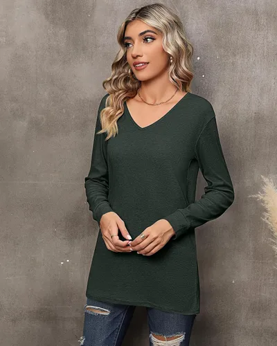 Vista 9 de Riyiper 2 camisetas de manga larga para mujer, cuello en V, lisas, casuales, holgadas, camisetas