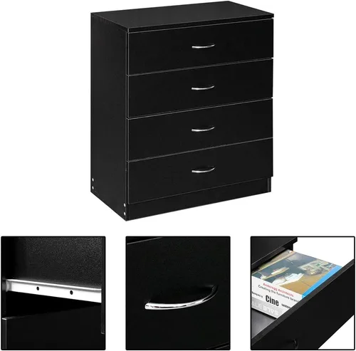 Vista 5 de Karl home Cómoda de 4 cajones, cómoda de almacenamiento moderna, mesita de noche de madera para dormitorio, sala de estar (negro)