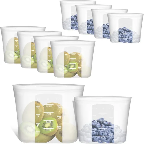 Vista 21 de Bolsas de Alimentos Reutilizables, Paquete de 12 Bolsas de Almacenamiento de Alimentos 100% Silicona que se Mantienen de Pie con Cierre Hermético