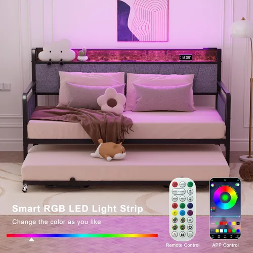 Vista 6 de Sofá cama individual con nido, moderno sofá cama individual, marco de cama de metal resistente con cabecera tapizada para sala de estar, dormitorio
