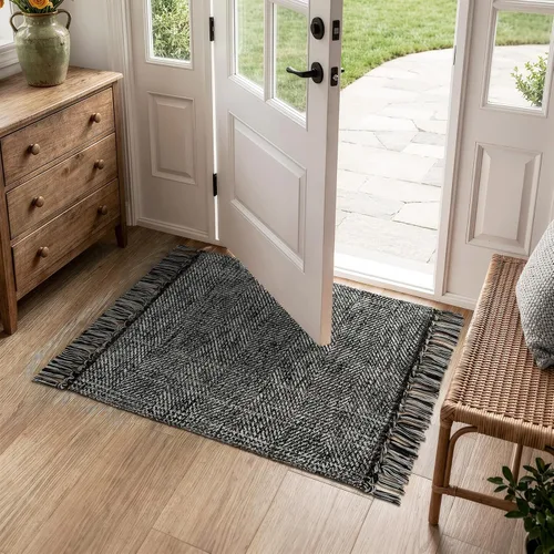 Vista 3 de Collive Alfombra de Baño Negra, 2' x 3' Tejida a Mano Lavable Alfombras Pequeñas de Cocina, Alfombra de Entrada Reversible de Algodón Alfombra