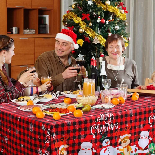 Vista 6 de Tiamon Mantel de Navidad para mesa rectangular, 60 x 104 pulgadas, lavable, diseño de búfalo rojo, muñeco de nieve, Papá Noel, decoración