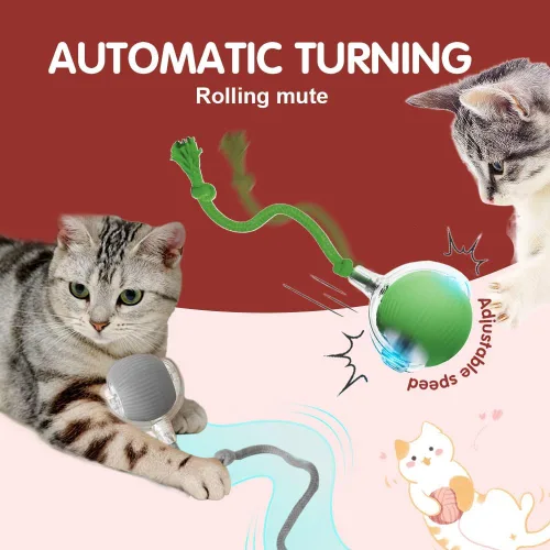 Vista 5 de Juguetes inteligentes para gatos de interior para adultos - Bolas rodantes interactivas con cordón imitación de ratón (Rojo)
