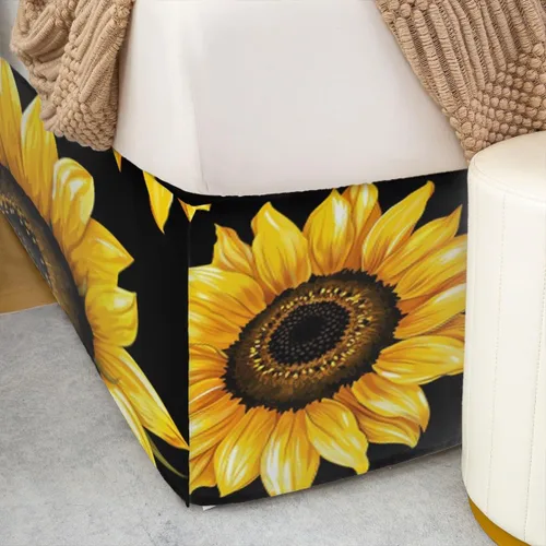 Vista 5 de Falda de cama individual de girasol, flores soleadas con esquinas divididas, faldas de cama bohemias florales amarillas, falda de cama para plantas