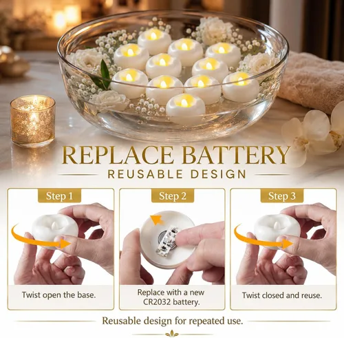 Vista 4 de Paquete de 12 velas LED flotantes sin llama de 5,8 cm, vela flotante activada por agua y operada por batería con más de 180 horas de duración