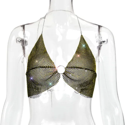 Vista 4 de Camiseta corta sin espalda con diamantes de imitación brillantes para mujer, sexy, halter, transparente, para salir por la noche, fiesta, club