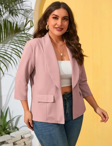 Vista 3 de ShopWonder Blazer casual con bolsillos para mujer, talla grande, para oficina, frente abierto, manga 34, cárdigans, chaqueta de trabajo