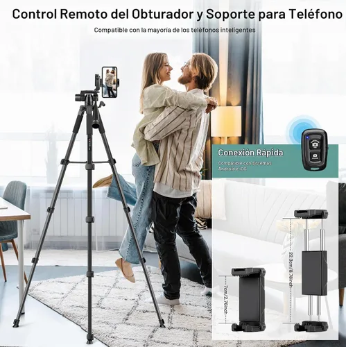 Vista 4 de Soporte de trípode para cámara, trípode de teléfono de 68 pulgadas para tableta con control remoto y soporte, trípode de viaje ligero y compacto