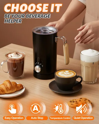 Vista 12 de Espumador de leche eléctrico 5 en 1, espumador de leche automático para hacer chocolate caliente con mango de grano de madera, calentador de leche