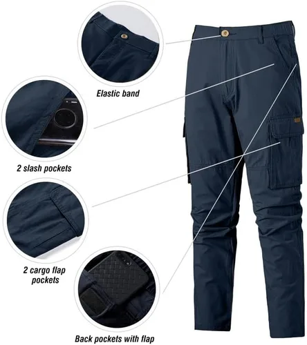 Vista 5 de JMIERR Pantalones cargo para hombre, casuales, de algodón, ajuste relajado, cintura elástica, ligeros, con múltiples bolsillos