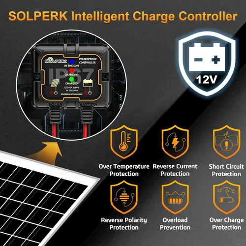 Vista 3 de SOLPERK Kit de panel solar de 10 W 12 V, cargador de batería solar impermeable + controlador MPPT inteligente + soporte de montaje ajustable