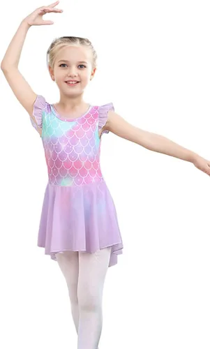 Vista 3 de iLover Vestido de leotardo clásico con mangas con volantes para niñas, para danza, gimnasia y ballet