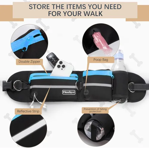 Vista 3 de Correa de cintura manos libres con bolsa para dos perros, costuras reflectantes, doble asa y diseño retráctil elástico, ideal para perros medianos a