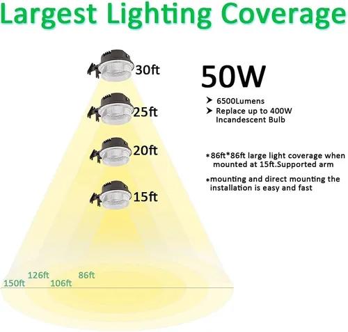 Vista 4 de Luz LED de granero 50W, luz de día 5000K 6500LM del atardecer al amanecer al aire libre con fotocélula, equivalente a 400W MH/HPS, luz de seguridad