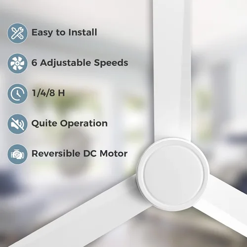 Vista 9 de Sofucor Ventilador de techo blanco de 52 pulgadas sin luz con control remoto, ventilador de techo moderno de 3 aspas ABS, motor CC reversible