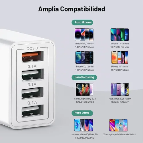 Vista 3 de Cargador USB, Bloque de Carga de Pared USBA de 4 Puertos, Adaptador de Enchufe de Carga Rápida QC 3.0 Compatible con iPhone 12/13/14/15/XS/XS 1