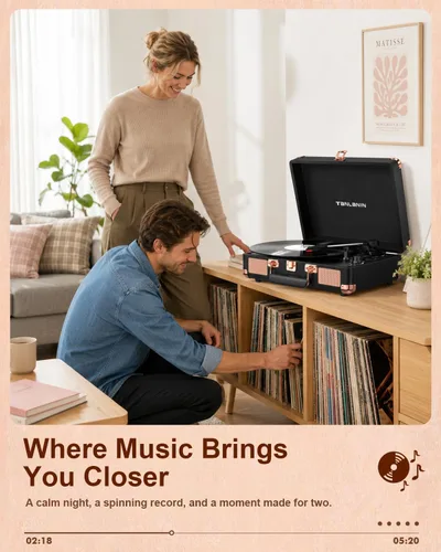 Vista 10 de Retro Suitcase - Tocadiscos de vinilo con grabación USB, Bluetooth negro rosa dorado