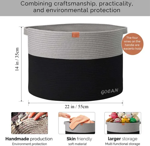 Vista 4 de GOCAN Cesta de almacenamiento extragrande para lavandería, 22 x 22 x 14 pulgadas, cesta tejida de cuerda de algodón para manta con asas para sala