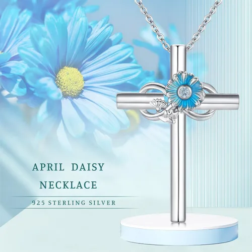 Vista 4 de JUSTKIDSTOY Collar de flor de nacimiento de plata de ley 925 con colgante de cruz floral, regalo de joyería para mujeres, novia, esposa, madre