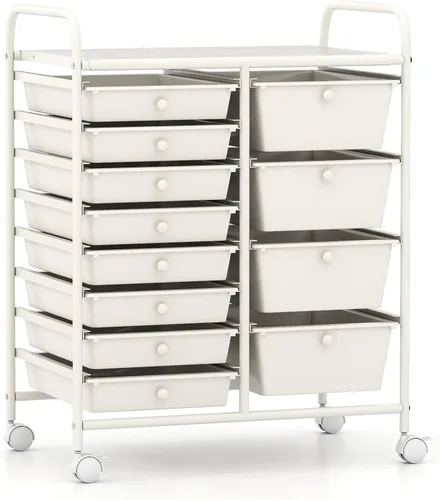 Vista 29 de LDAILY Carrito de almacenamiento con ruedas de 9 cajones, carrito rodante con cajones para aula, organizador de manualidades con ruedas con marco