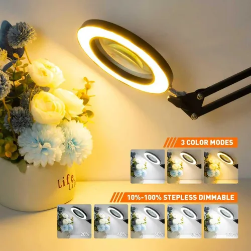 Vista 6 de Lámpara de lupa de 10 aumentos con luz y soporte, 2,200 lúmenes, luz iluminada con atenuación sin escalones en 3 colores, 4 pilares de PCB y lámpara