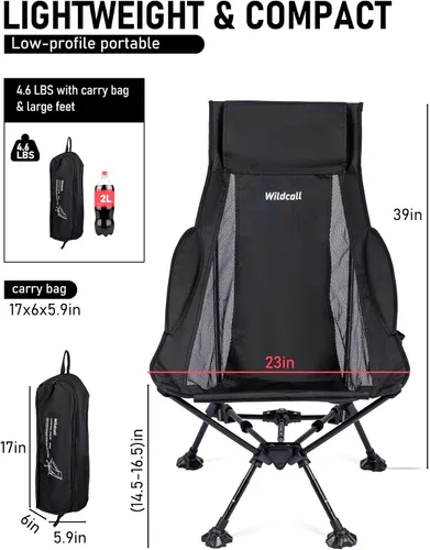 Vista 3 de WildCall Silla de camping plegable ligera, silla antihundimiento, respaldo