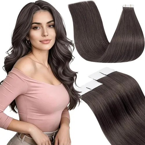 Vista 44 de LaaVoo Extensiones adhesivas de cabello humano real, color negro azabache, extensiones de cabello humano liso y sedoso, 10 pulgadas, 20