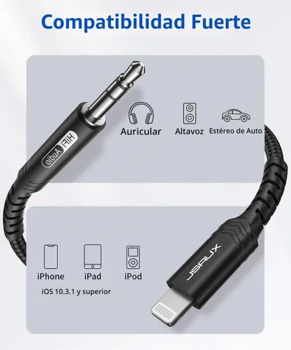 Vista 4 de JSAUX - Cable de audio Lightning a 0.138 pulgadas (3.5mm) de 3.3 pies, [certificado Apple MFi] auriculares para iPhone, cable auxiliar Lightning