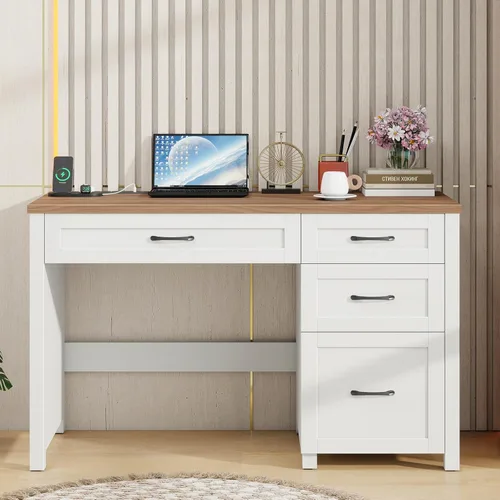 Vista 13 de Vabches Farmhouse - Escritorio ejecutivo de 47 pulgadas con 4 cajones, escritorio para computadora con cajón de archivos y estación de carga, Negro