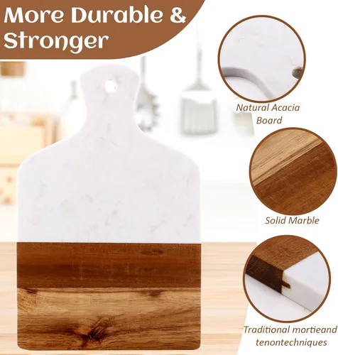 Vista 3 de FillTouch 2 tablas de cortar de mármol y madera de acacia de 13 x 8.5 pulgadas, tablas de charcutería de mármol blanco para servir queso con asa