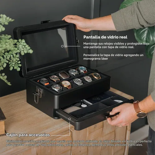 Vista 5 de CASE ELEGANCE Edición Negra Caja Organizadora Militar de 10 Ranuras para Relojes para Hombres, Parte Superior de Cristal Real, Bandeja Modular Negro