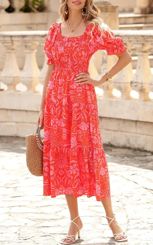 Vista 5 de PRETTYGARDEN Vestidos de verano con estampado floral bohemio para mujer, cuello cuadrado, manga abombada, acampanado, vestido largo casual fruncido