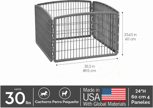 Vista 2 de IRIS USA Corralito para mascotas de ejercicio de 4 paneles de 24 pulgadas, corral para cachorros y perros pequeños y medianos, mantiene a las Gris